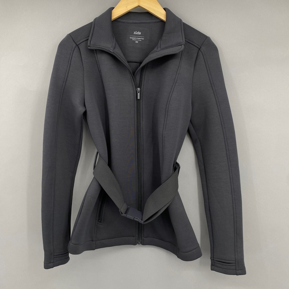 Zuda Belted Full Zip Jacket Women XXS Iron Gray Activewear Utility Scuba Knit